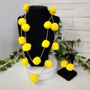 Lemon Yellow Color Pompom on Gold Chain Necklace Earrings Set